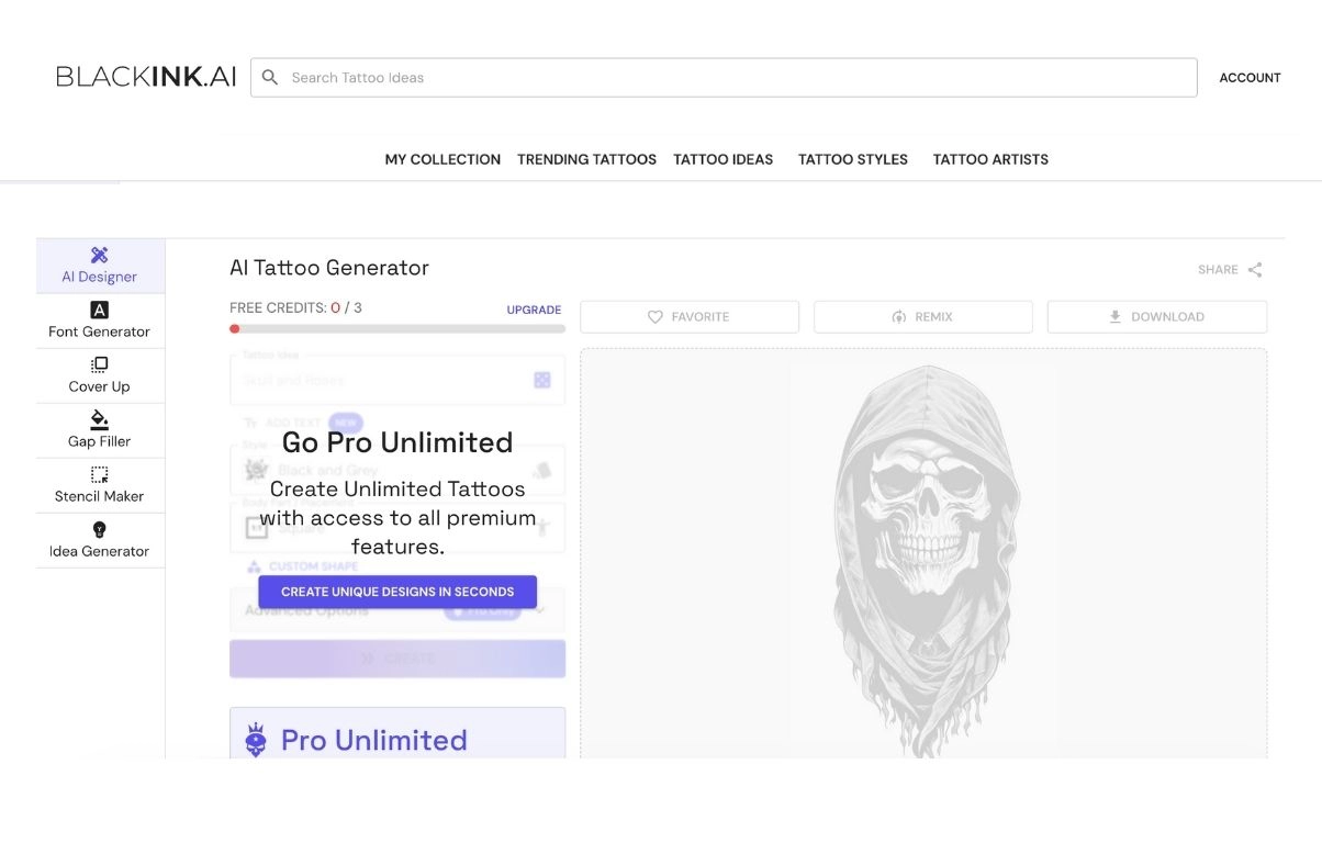 BlackInk's ai tattoo generator interface for you.