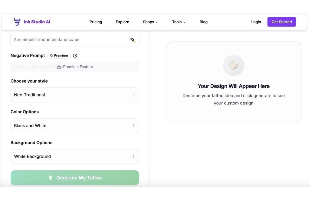 Ink Studio's ai tattoo generator interface for you.