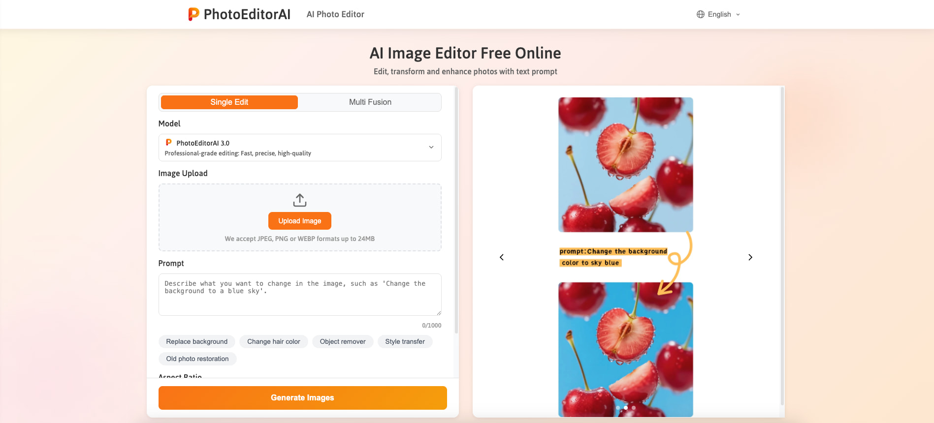 PhotoEditorAI prompt-based editor with image upload and prompt box