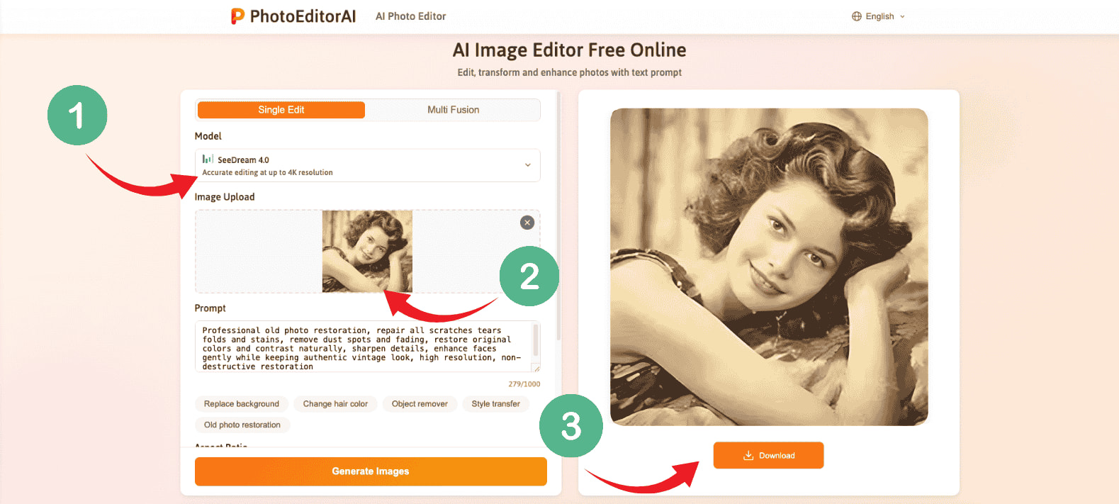 PhotoEditorAI steps showing upload, enter prompt, generate and download