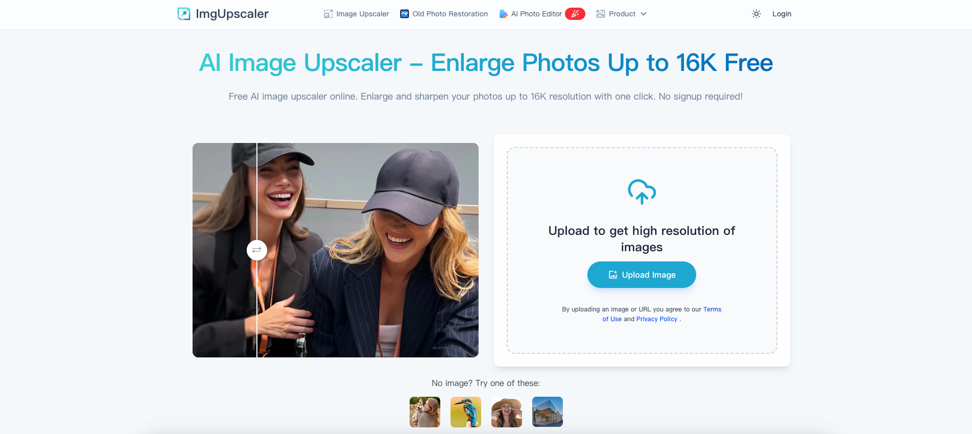 ImgUpscaler AI image upscaler upload page with before and after preview