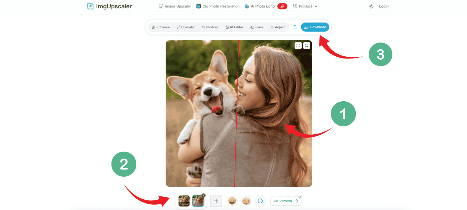 ImgUpscaler results screen with before after slider and Download button