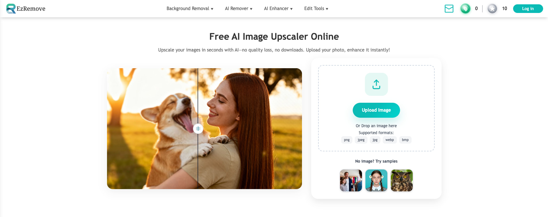 EzRemove AI image upscaler upload screen with before/after preview