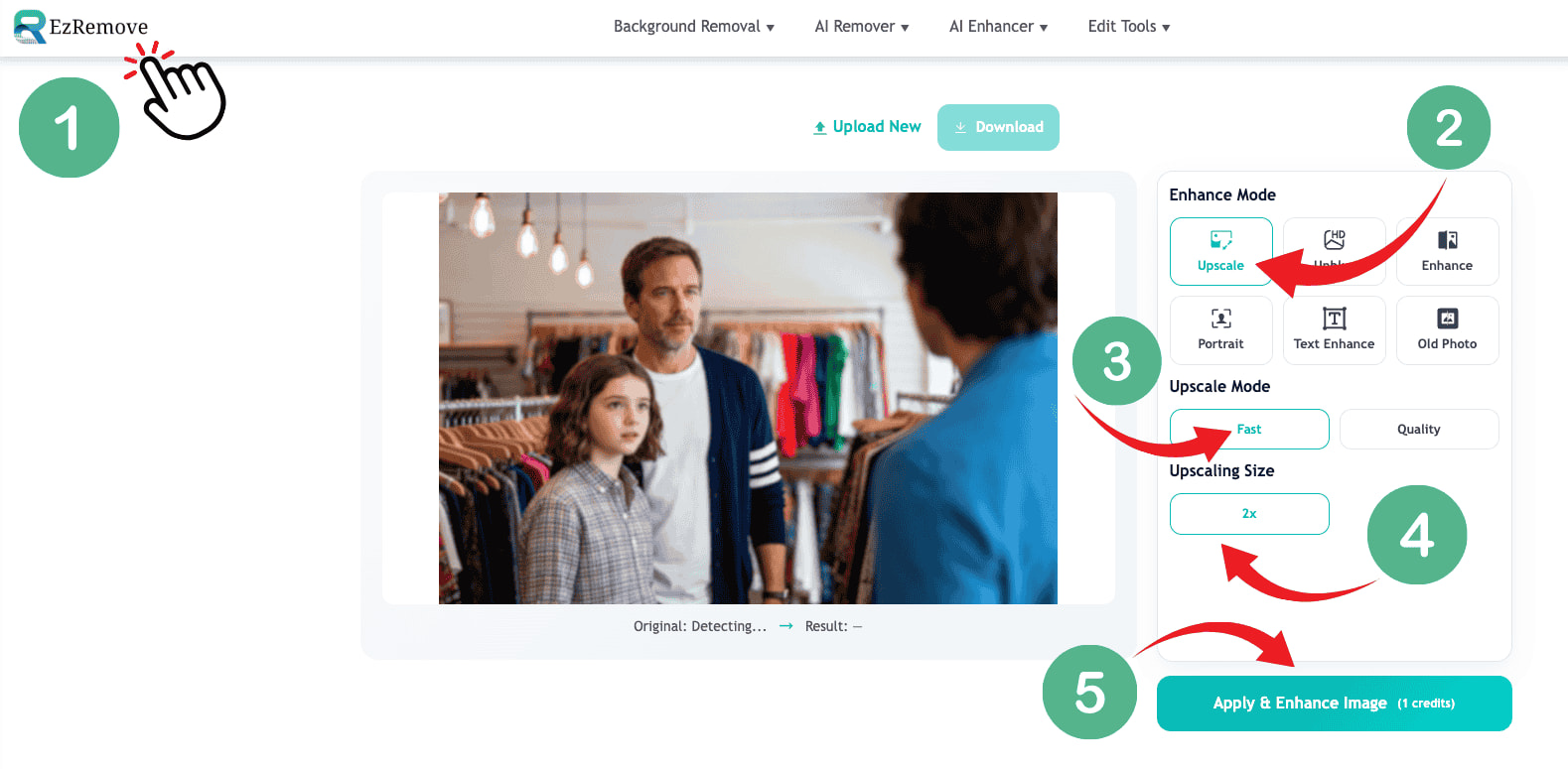 EzRemove upscale steps: choose Upscale, Fast, 2x, then Apply