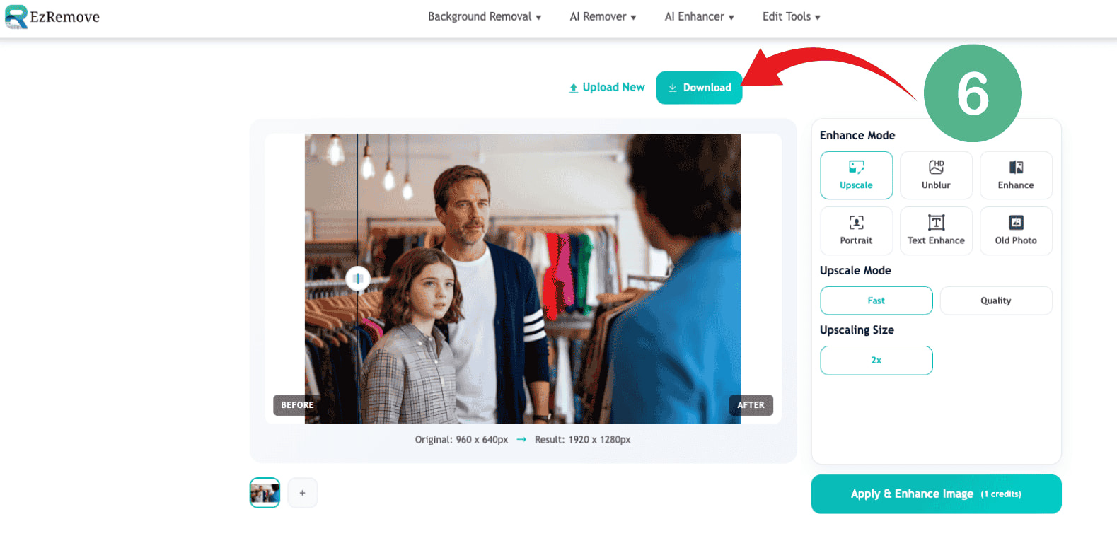EzRemove before/after result showing resolution increase and Download button