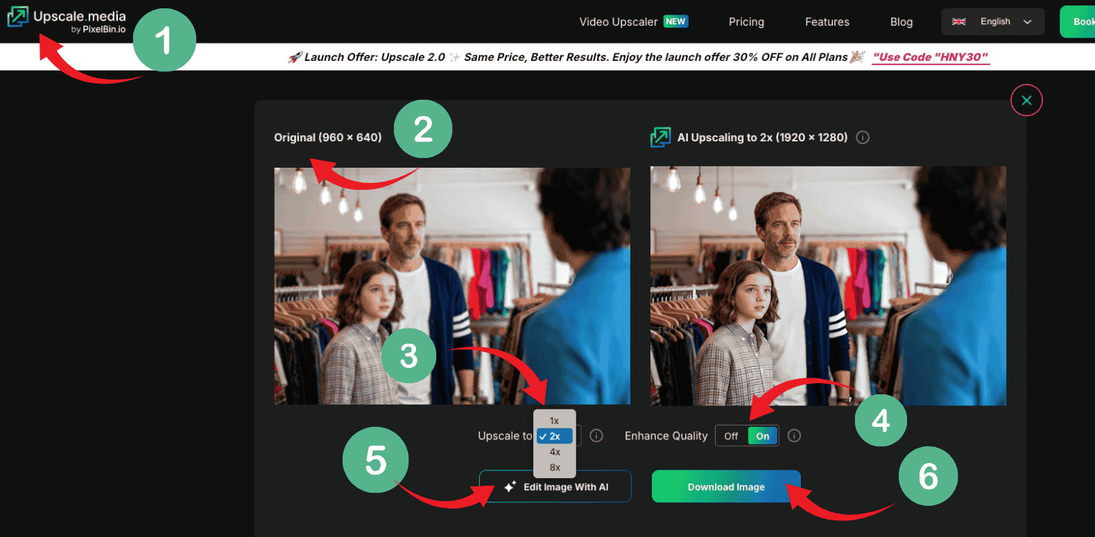 Upscale.media before/after preview with 2x scale, Edit with AI, and Download