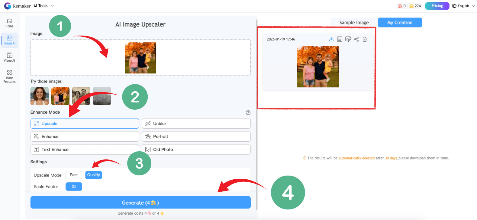 Remaker upscaler steps showing upload, choose Upscale, pick Quality and 2x, then Generate