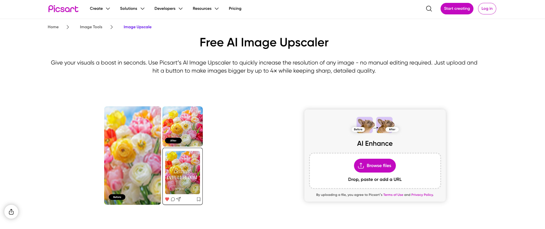 Picsart free AI image upscaler page with upload box