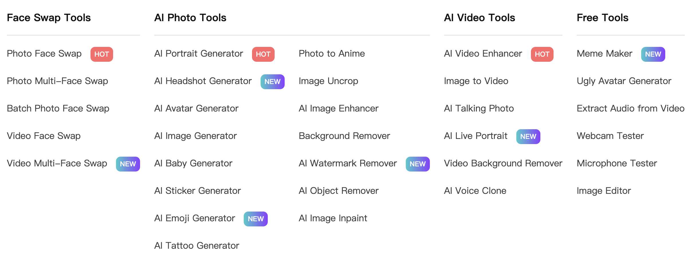 AI tools collection including AI face swap and AI image upscaler