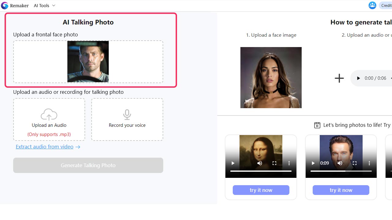 Remaker AI talking photo upload photos