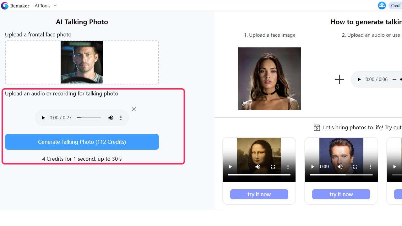 Remaker AI talking photo upload an audio or recording