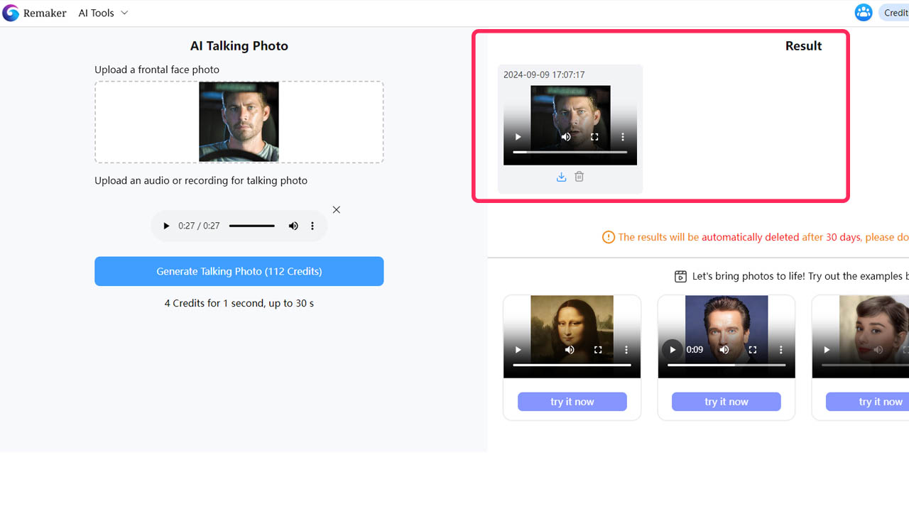 Remaker AI talking photo preview and edit