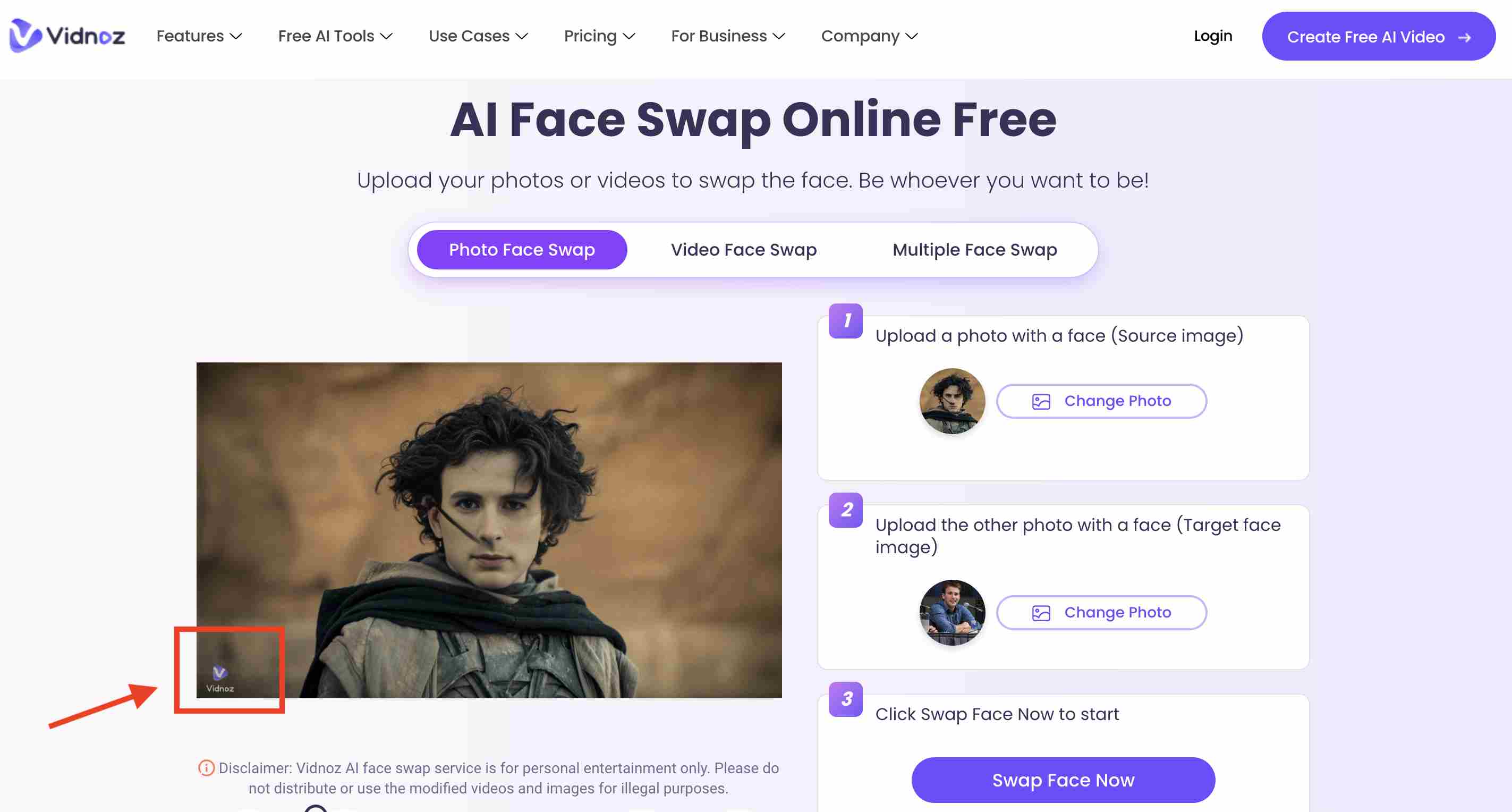 Vidnoz Face Swap AI Free No Sign Up
