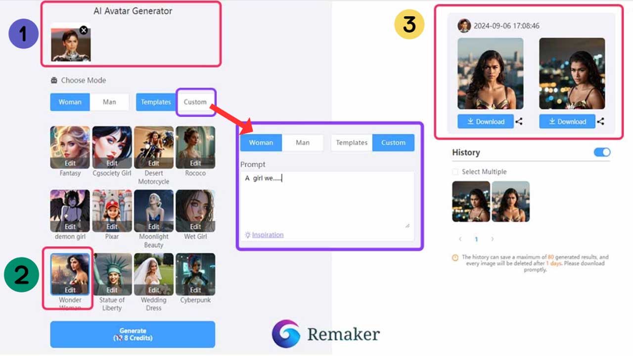 Remaker's AI avatar Generator Usage Steps