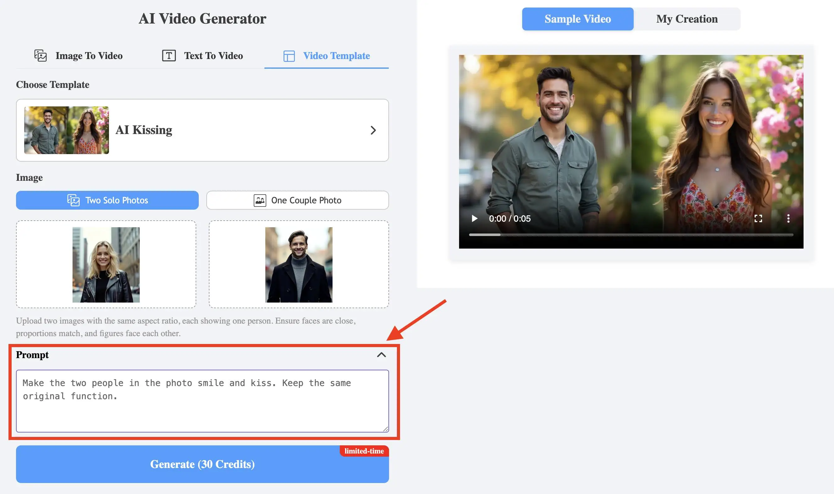 Customize AI Kiss Video