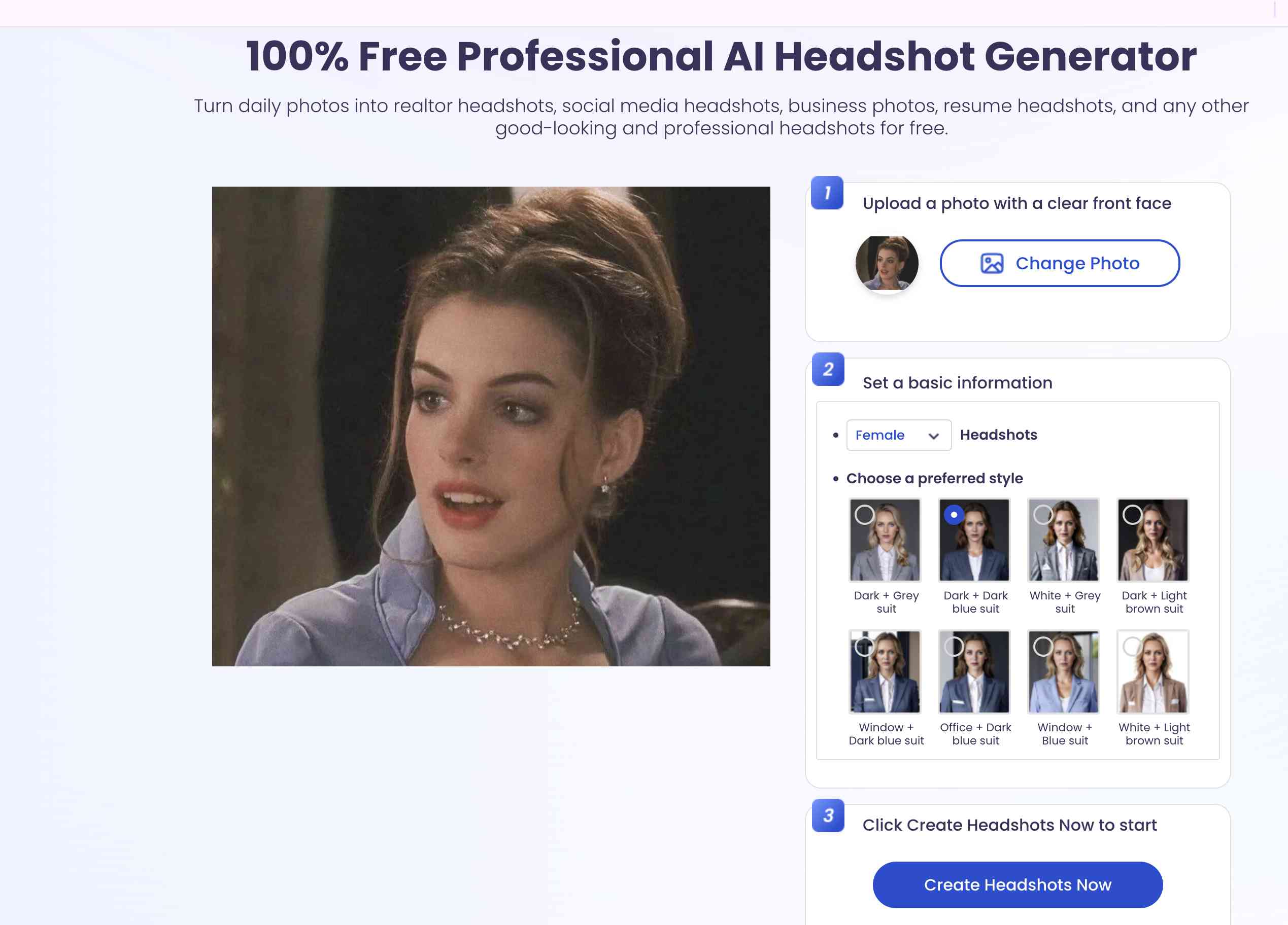 Generate Anne Hathaway’s headshot with LinkedIn Headshot AI Free
