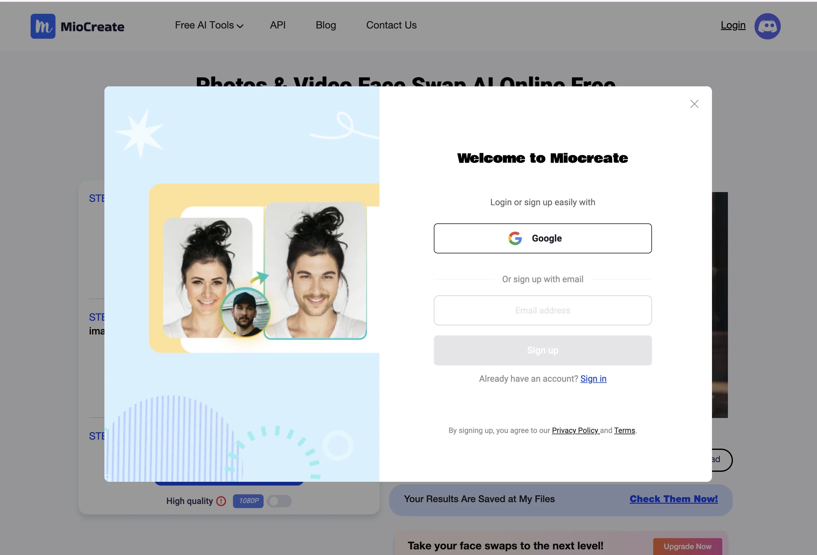 MioCreate face swap requires sign-up