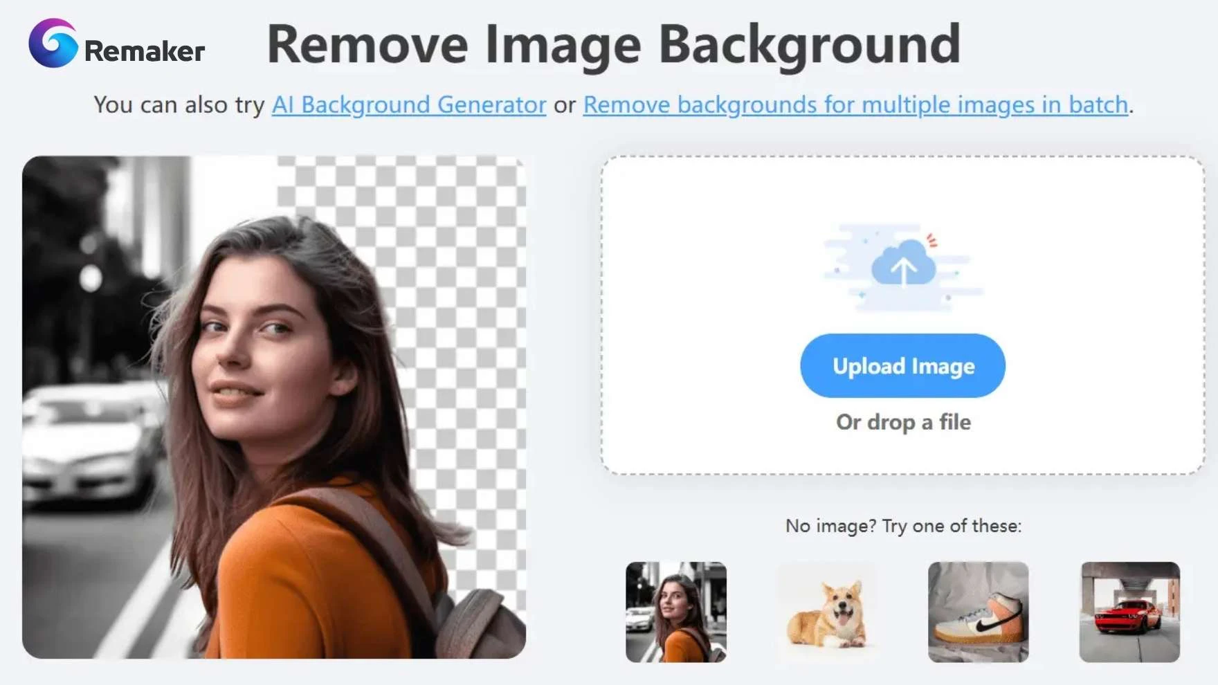 Remaker's top background remover tool interface for you.